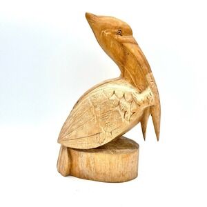Hand Carved Bali Indonesian Wood Pelican 8" Figurine Bird With Fish 
Ocean Beach